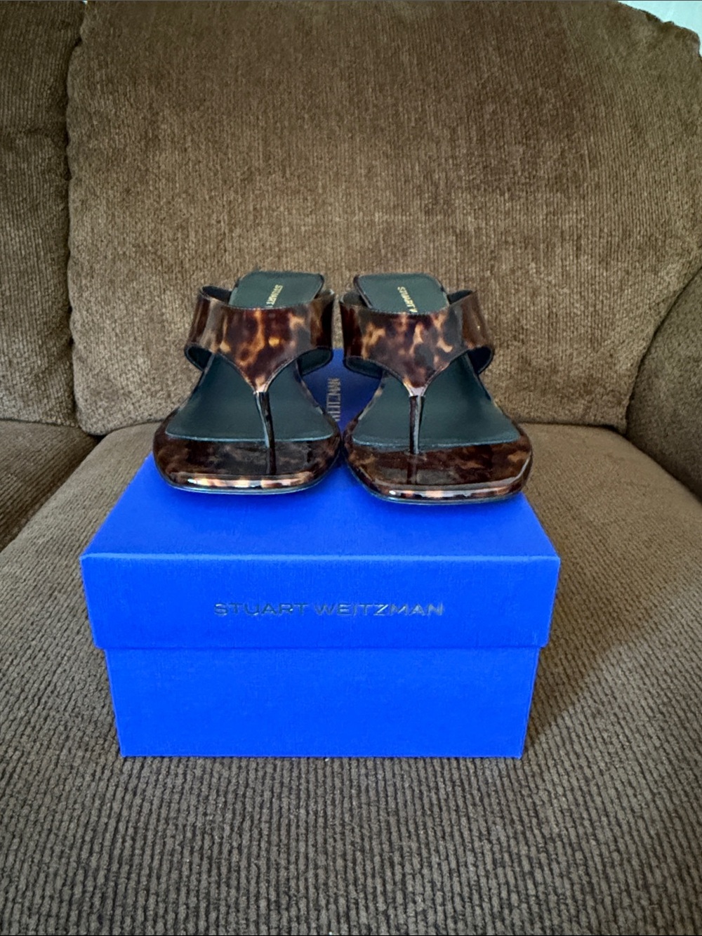 Stuart Weitzman Tortoiseshell Patent Leather Thong Sandals - Brown